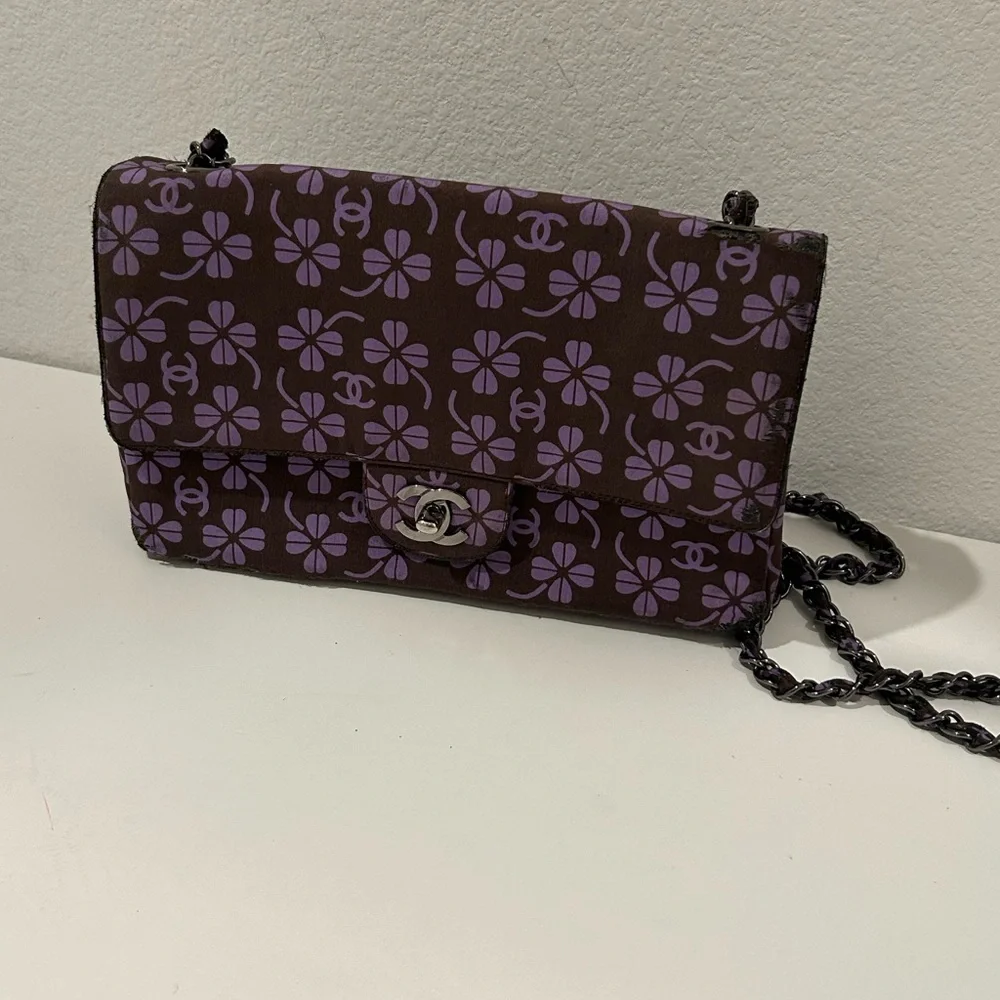CHANEL Brown and Purple Floral CC Turnlock Crossbody Bag